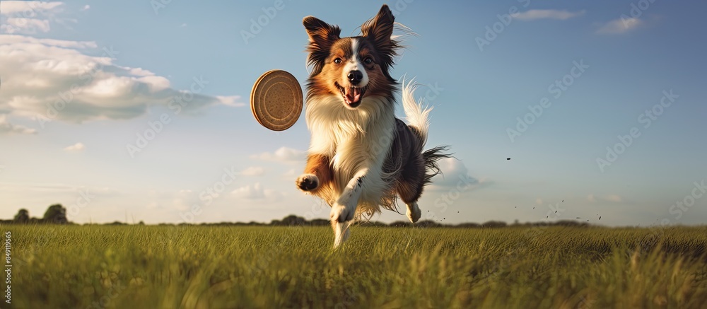 Poster dog out playing frisbee in a field. creative banner. copyspace image