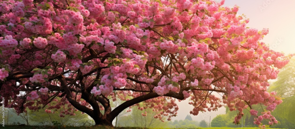 Poster crab apple tree blooming in spring. creative banner. copyspace image