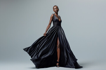 A woman in a long black dress is standing in front of a white background