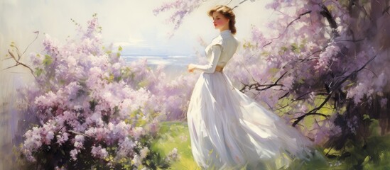 portrait of a girl in a white evening dress next to a lilac Bush in spring. Creative banner. Copyspace image