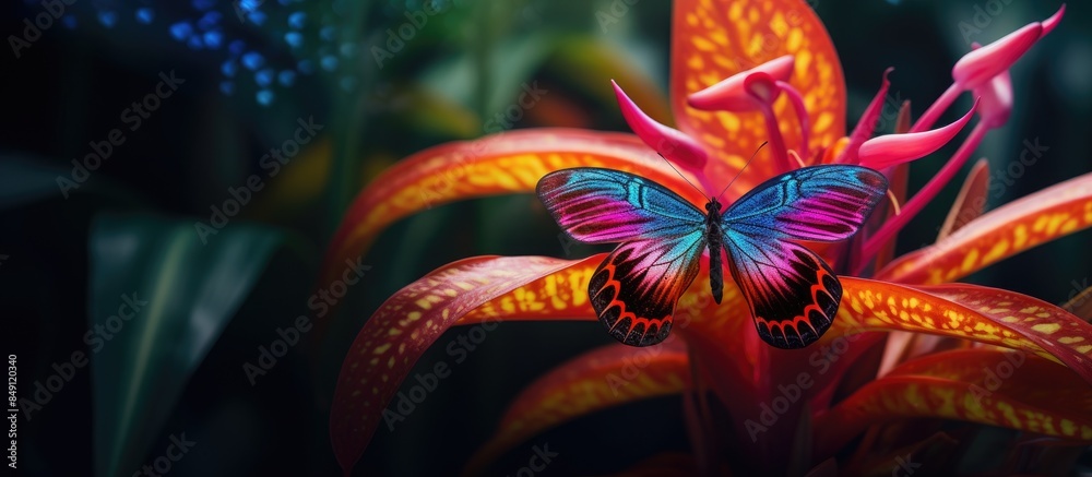 Poster small spider with beautiful pattern in colorful clinging to anthurium flower. creative banner. copys