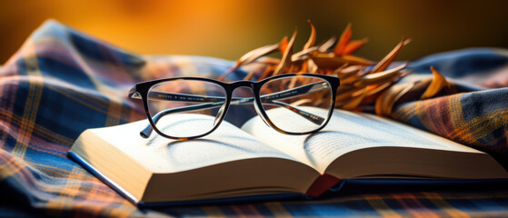 A pair of glasses is on top of an open book