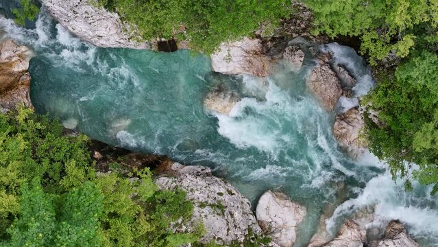 Drone Flying Over the Soca River in Slovenia During Summer