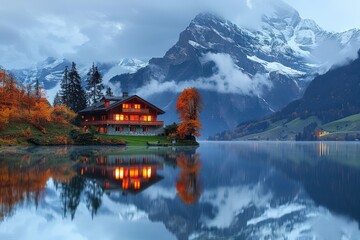 Obraz premium Autumnal Mountain Chalet with Reflection in Lake