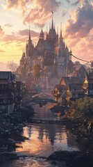 Naklejka premium Realistic Fantasy Village with Wildlife Ambiance