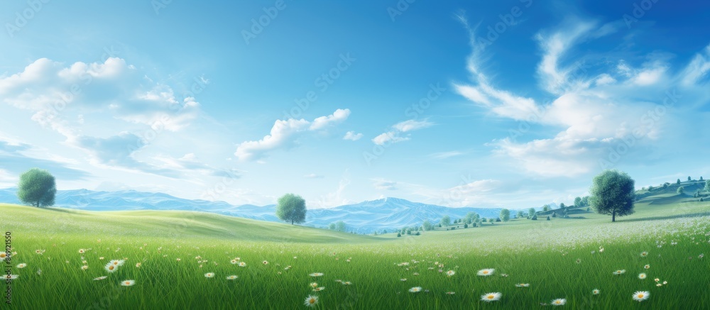 Poster quiet and lonely view of a meadow with sparse trees in the wind. Creative banner. Copyspace image