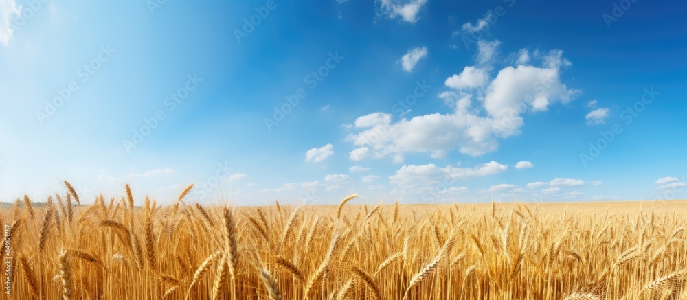 Aufkleber golden wheat field with blue sky in background. creative banner. copyspace image