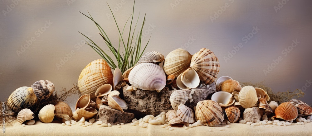 Poster A pile of shells on a rock created by nature. Creative banner. Copyspace image