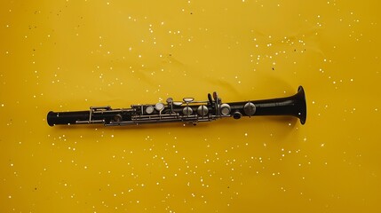 Clarinet: A sleek black clarinet set against a yellow background, with tiny white stars twinkling around it