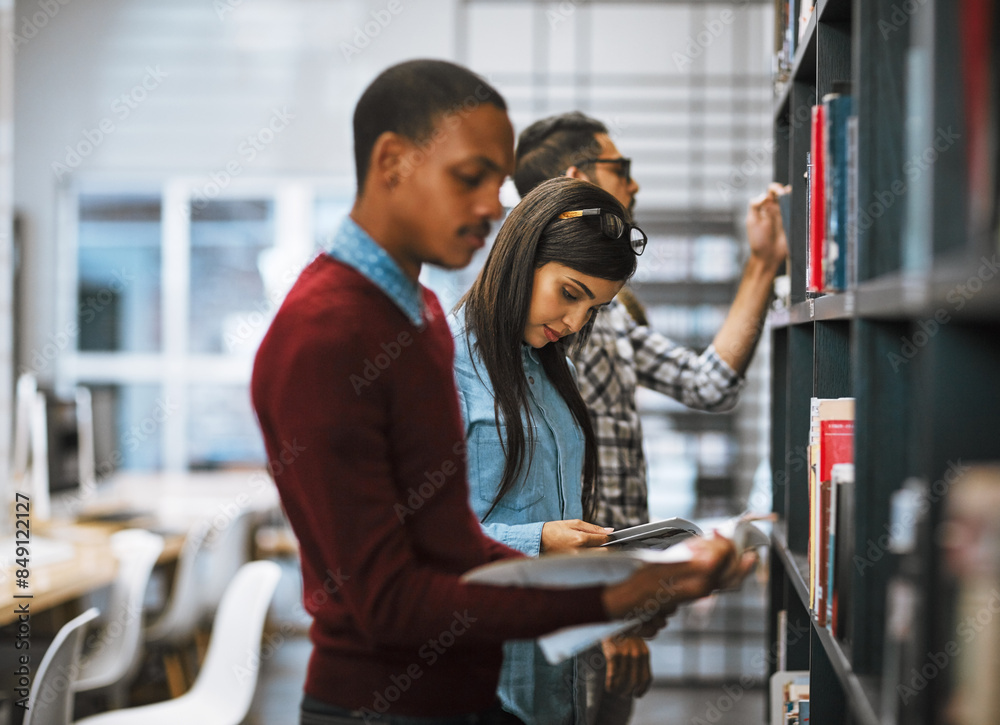 Poster students, books and search on shelf in library for reading, learning and education with university. 