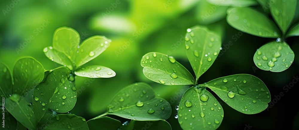 Poster small leaves with water drops and a room for your ads message topic. creative banner. copyspace imag