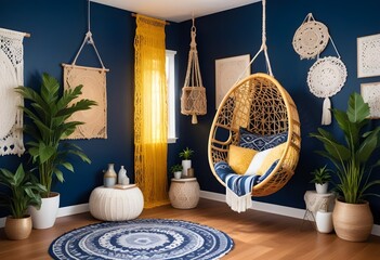 interior design style- reading nook with a hanging rattan chair, cozy floor pouf, and a macrame wall hanging