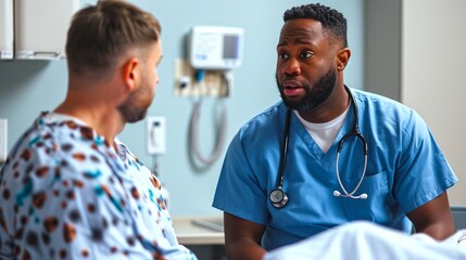 Doctor in blue scrubs talking to a patient in a hospital room. The doctor is having a consultation with the patient. Medical setting with professional healthcare worker. Stock photo. AI