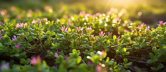 Fototapeta premium Selective focus Common Purslane Verdolaga Pigweed Little Hogweed Pusley small little flower through sunlight. Creative banner. Copyspace image