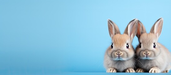 Obraz premium Front view of brown cute baby rabbits on blue background Little cute rabbits sitting with Lovely action on blue. Creative banner. Copyspace image