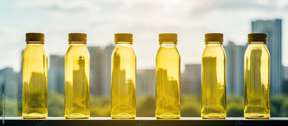 Aufkleber close up of eco water bottles of yellow color on background of panoramic window. creative banner. co