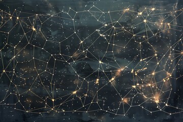 A constellation map reimagined as a network of glowing, interconnected lines on a dark canvas