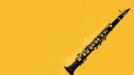 Clarinet: A sleek black clarinet set against a yellow background, with tiny white stars twinkling around it