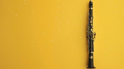 Clarinet: A sleek black clarinet set against a yellow background, with tiny white stars twinkling around it