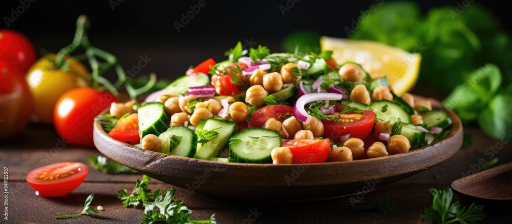 Aufkleber mediterranean salad with chickpea tomatoes cucumbers spinach and red onion. creative banner. copyspa