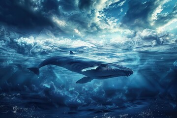 Naklejka premium surreal illustration of a giant whale swimming in the vast ocean digital art fantasy concept