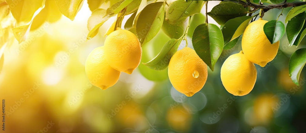 Aufkleber lemon tree and fresh yellow lemons. creative banner. copyspace image