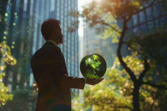 sustainable esg business practices businessman holding green globe in city conceptual 3d render