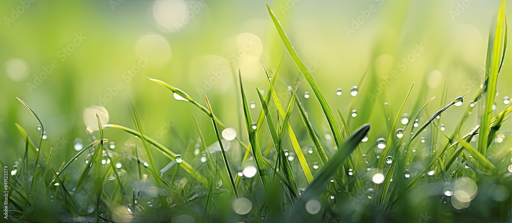 Poster Nature shots of garden in spring Macro of grass with water drops and flying bokeh perfect for screensaver. Creative banner. Copyspace image