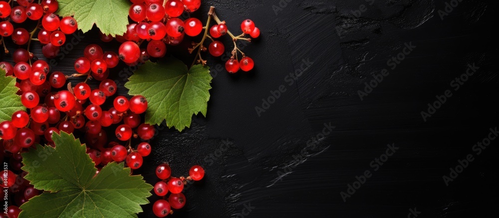 Poster berry theme red currant and leaves on black table background top view copyspace