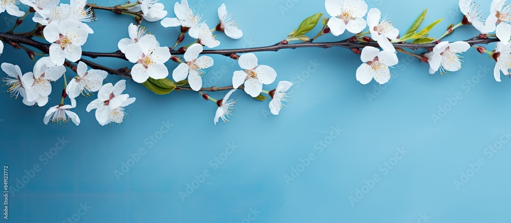 Poster flowering branches and petals on a blue background spring concept. creative banner. copyspace image