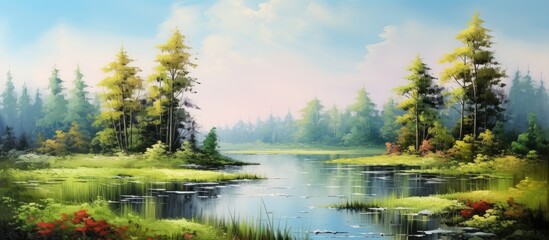 Pond with grass and bushes Trunk on left nice rural scenery Very vibrant colors Gentle water surface. Creative banner. Copyspace image
