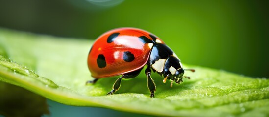 Naklejka premium Ladybug on a green leaf Ladybug in the shade of leaves Ladybug close up Ladybug on the back of the leaf. Creative banner. Copyspace image