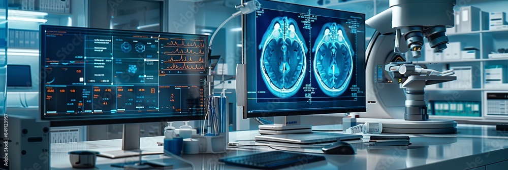 Aufkleber a clean, professional medical laboratory with advanced equipment, including a high-tech scanner anal