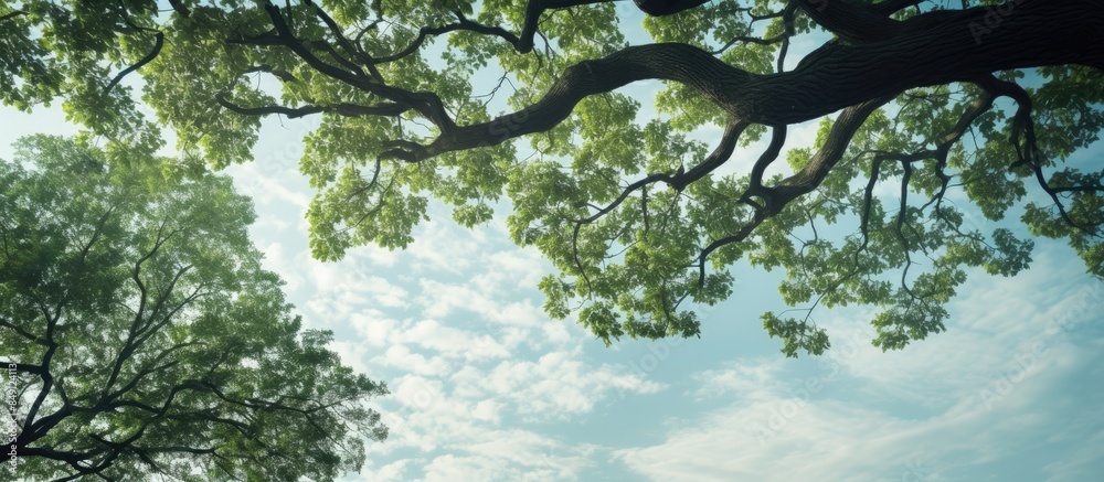 Poster big tree on garden up to sky. creative banner. copyspace image