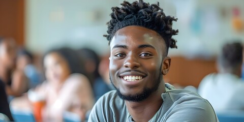 Smiling black college student in classroom making eye contact with camera. Concept Portrait Photography, College Students, Classroom Setting, Eye Contact, Smiling Expression