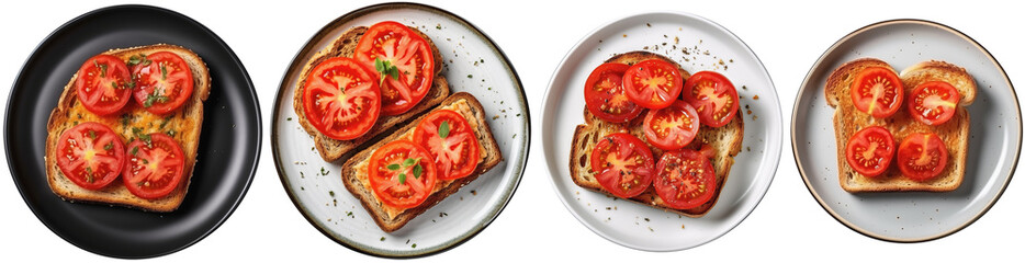 Toast with tomatoes an a plat, top view