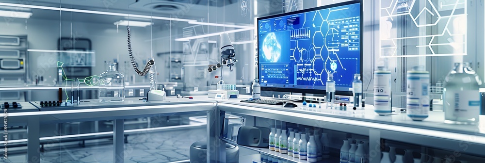 Aufkleber A modern medical laboratory with AI-powered diagnostic tools, including a large screen displaying patient data, advanced equipment, and a clean, professional setting. Generative AI