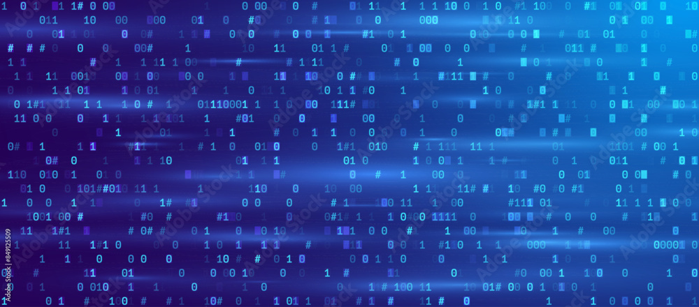 Fototapete Blue Binary Data Software Programming Code Background. Random Parts of Program Code. Digital Data Technology Concept. 1 0 Machine Code. Random Binary Data Matrix Wide Vector Illustration.