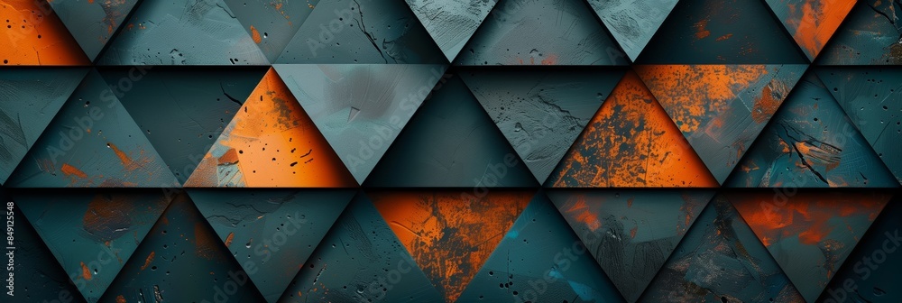 Poster A pattern of dark teal and orange triangles, creating an abstract background with geometric shapes in the style of geometric shapes