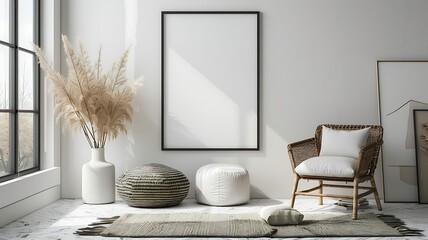 A stylish mix of black poster frames and decorative accessories in a cozy white interior creates a serene and inviting atmosphere perfect for relaxation and inspiration.