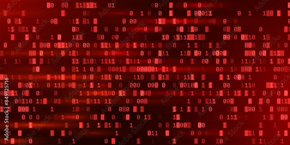 Fototapete Abstract Red Binary Software Programming Code Background. Malicious Hack Malware Ransomware Concept. Data Leak Breach. Random Binary Data Matrix Wide Vector Illustration.