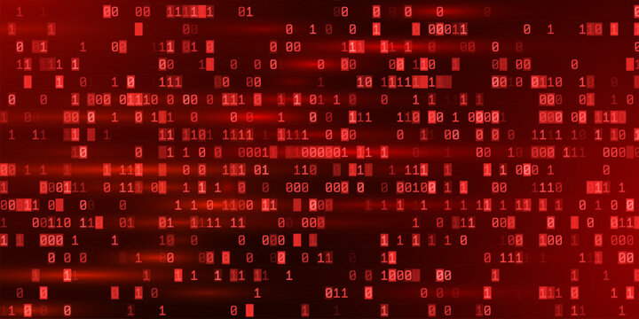 Abstract Red Binary Software Programming Code Background. Malicious Hack Malware Ransomware Concept. Data Leak Breach. Random Binary Data Matrix Wide Vector Illustration.