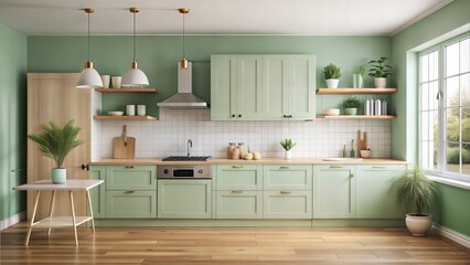 Front shot of a kitchen room wih a pastel green wall