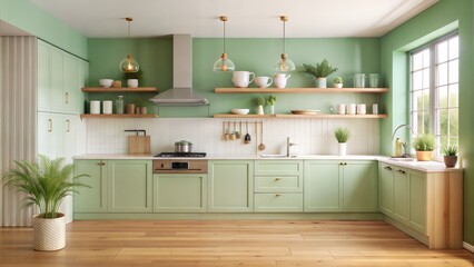 Front shot of a kitchen room wih a pastel green wall