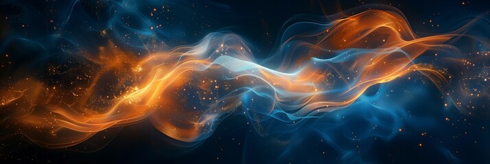 Abstract background with swirling liquid paint in blue and orange colors.