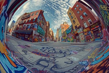 Fototapeta premium Fisheye lens captures vibrant urban street art with graffiti-covered buildings and a colorful sky in the background.