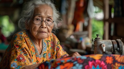 A serious-looking elderly woman is sewing vibrant fabrics, capturing a moment of focus and skill