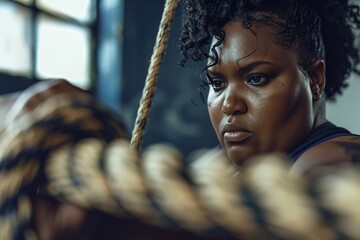 Focused woman exercising with battle ropes at the gym.