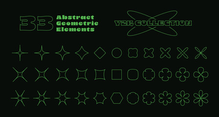 Retro abstract geometric elements in y2k style. Collection of linear futuristic elements of stars, flowers, circle, square and hexagon in acid green color. Vector illustration