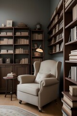 Wooden Shelves of Old Books, Ladder, and Cozy Reading Corner with Soft, Warm Lighting, living room with books